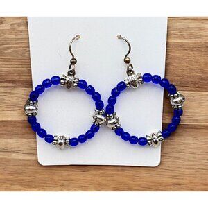 Vintage Royal Blue Beaded Hoop Earrings with Silver Tone Accents Retro Artisan
